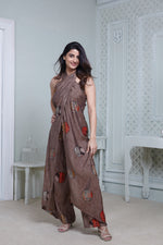 Load image into Gallery viewer, BROWN PRINTED HALTER NECK FLARED JUMPSUIT

