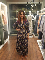 Load image into Gallery viewer, NAVY FLORAL PRINT LONG BUTTONED DOWN DRESS WITH COWL
