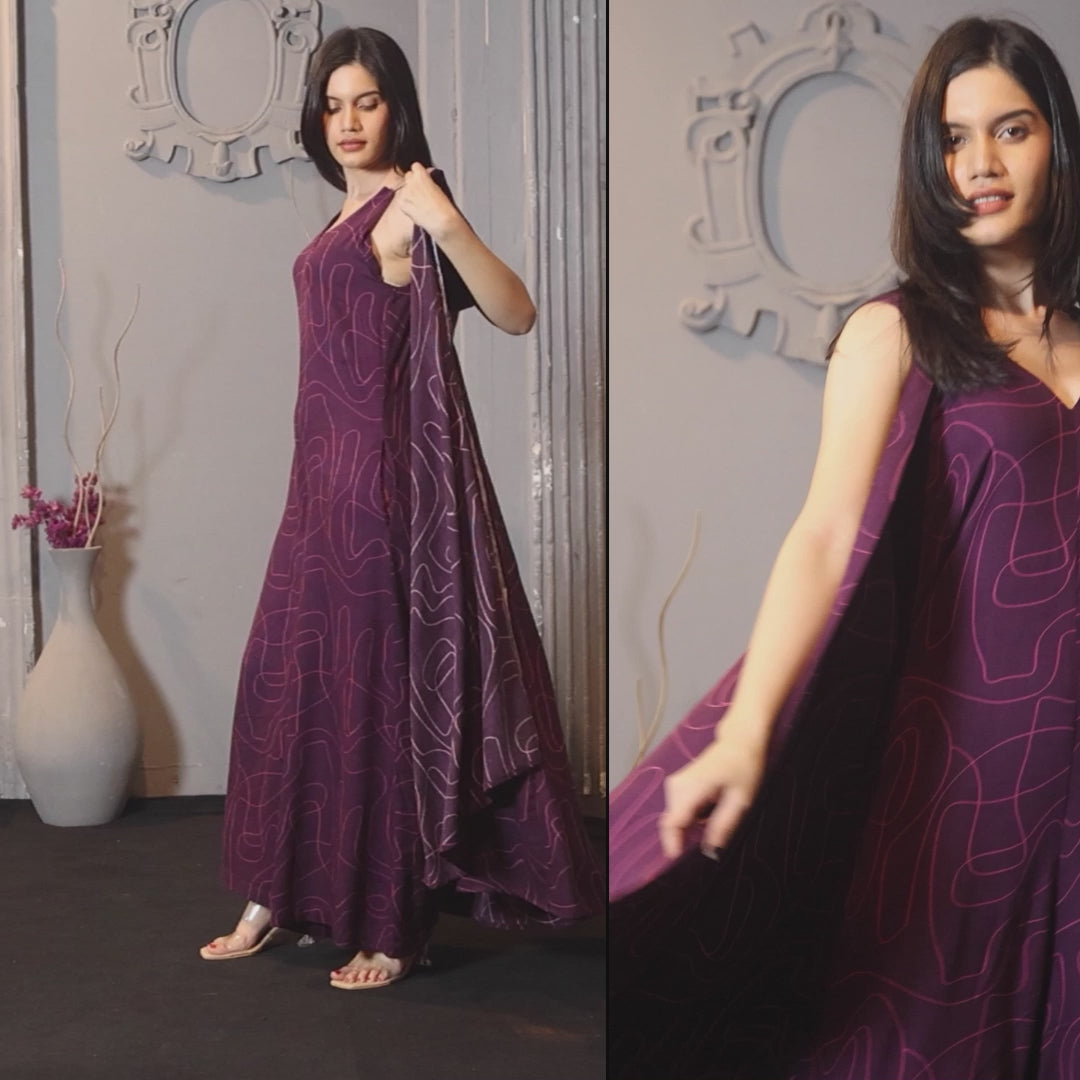 PURPLE WAVE PRINT LONG FLARED JACKET AND JUMPSUIT SET