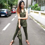 Load image into Gallery viewer, OLIVE TWILL SHORT JACKET, HALTER NECK INNER LONG TOP WITH BELT AND FITTED PANTS
