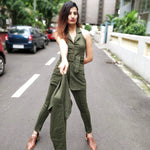 Load image into Gallery viewer, OLIVE TWILL SHORT JACKET, HALTER NECK INNER LONG TOP WITH BELT AND FITTED PANTS

