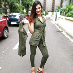 Load image into Gallery viewer, OLIVE TWILL SHORT JACKET, HALTER NECK INNER LONG TOP WITH BELT AND FITTED PANTS
