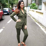 Load image into Gallery viewer, OLIVE TWILL SHORT JACKET, HALTER NECK INNER LONG TOP WITH BELT AND FITTED PANTS
