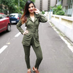 Load image into Gallery viewer, OLIVE TWILL SHORT JACKET, HALTER NECK INNER LONG TOP WITH BELT AND FITTED PANTS
