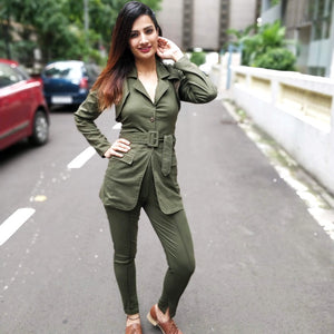 OLIVE TWILL SHORT JACKET, HALTER NECK INNER LONG TOP WITH BELT AND FITTED PANTS