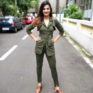 OLIVE TWILL SHORT JACKET, HALTER NECK INNER LONG TOP WITH BELT AND FITTED PANTS