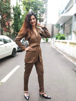 Load image into Gallery viewer, BROWN TWILL SHORT JACKET, HALTER NECK INNER LONG TOP WITH BELT AND FITTED PANTS

