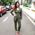 Load image into Gallery viewer, OLIVE TWILL SHORT JACKET, HALTER NECK INNER LONG TOP WITH BELT AND FITTED PANTS
