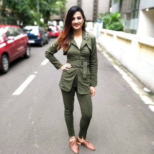 OLIVE TWILL SHORT JACKET, HALTER NECK INNER LONG TOP WITH BELT AND FITTED PANTS