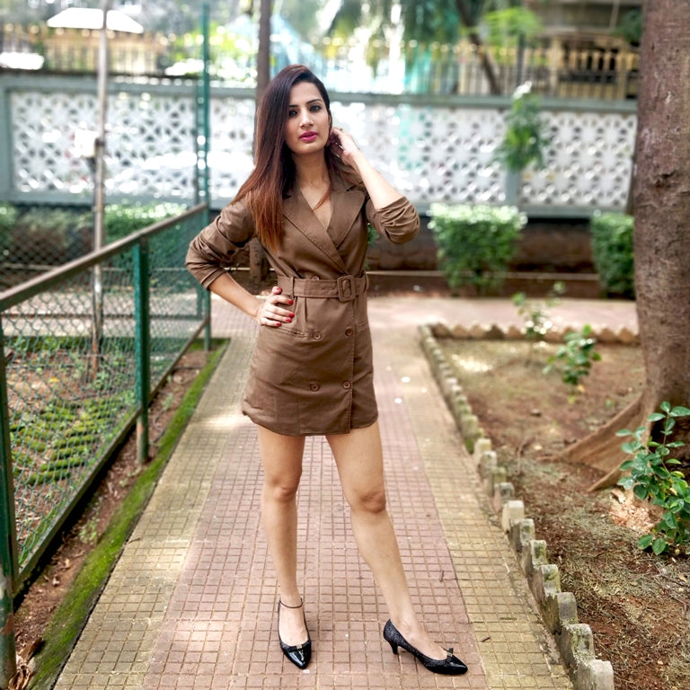 BROWN SHORT BLAZER DRESS WITH BELT
