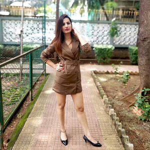 BROWN SHORT BLAZER DRESS WITH BELT