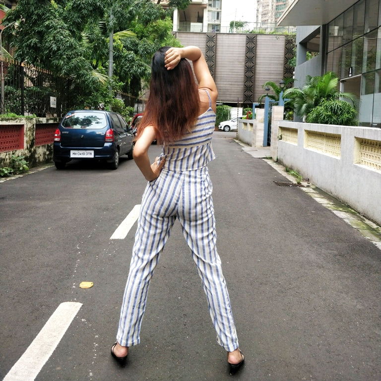 STRIPED CROP TIE-UP TOP WITH HIGH WAISTED PANTS