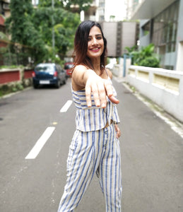 STRIPED CROP TIE-UP TOP WITH HIGH WAISTED PANTS
