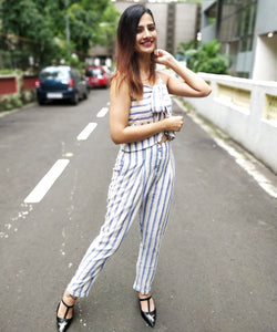 STRIPED CROP TIE-UP TOP WITH HIGH WAISTED PANTS