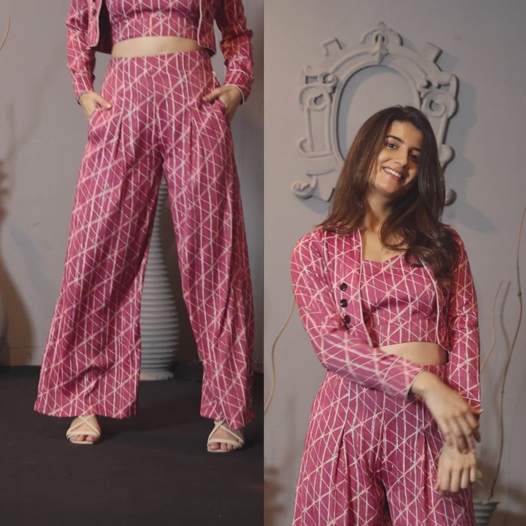 PINK LUREX GEO PRINT SHORT JACKET PAIRED TUBE BUSTIER AND FLARE PANTS