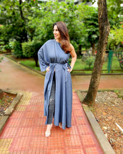BLUE LONG FREESIZE TOP WITH SLIT AND BLACK PANTS.