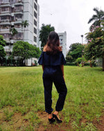 Load image into Gallery viewer, NAVY BLUE DENIM OFF SHOULDER JUMPSUIT
