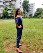 Load image into Gallery viewer, NAVY BLUE DENIM OFF SHOULDER JUMPSUIT
