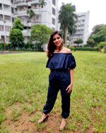 Load image into Gallery viewer, NAVY BLUE DENIM OFF SHOULDER JUMPSUIT
