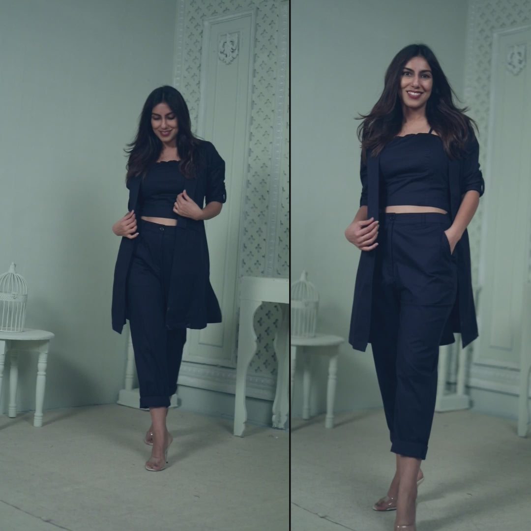 NAVY LONG JACKET WITH CROPPED PANT & SPAGHETTI INNER