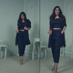 Load and play video in Gallery viewer, NAVY LONG JACKET WITH CROPPED PANT &amp; SPAGHETTI INNER
