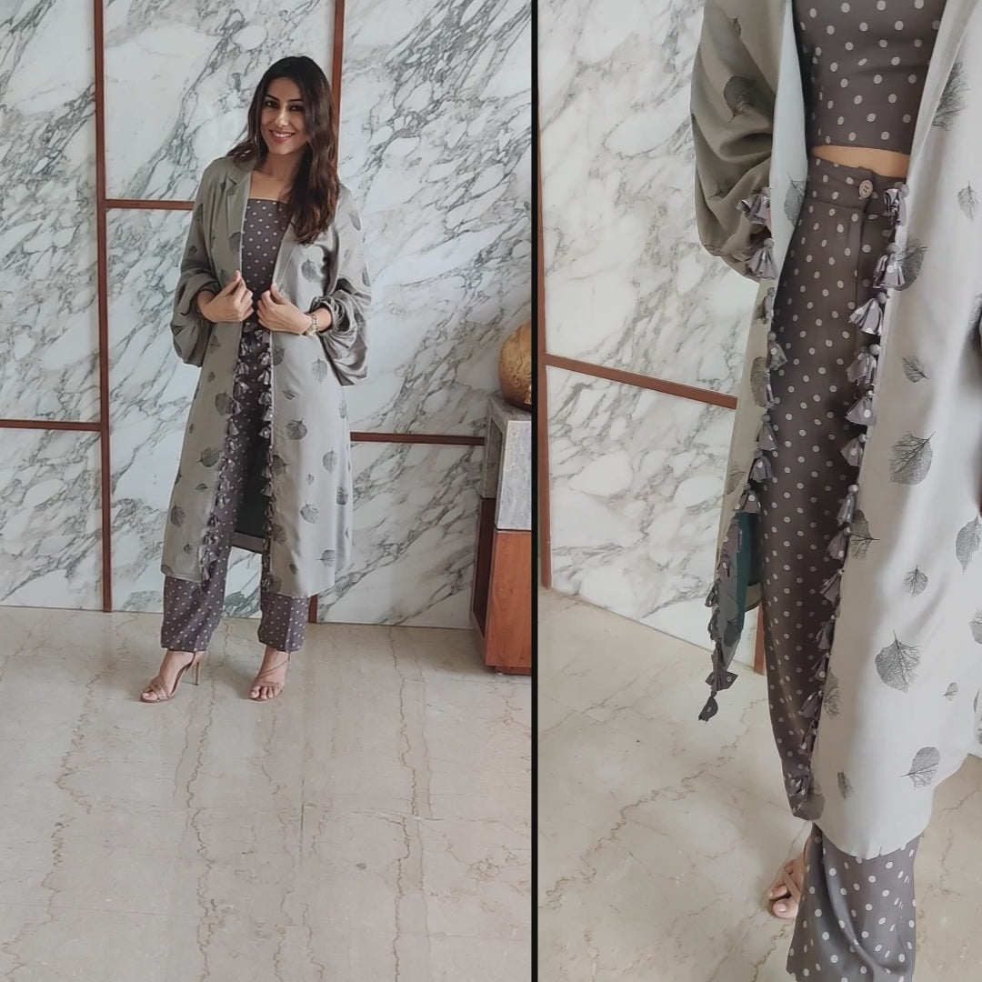 GREY LEAF PRINT JACKET WITH POLKA DOTS SPAGHETTI BUSTIER AND HAREM PANTS