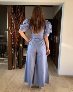 ICE BLUE FRONT TIE UP AND PUFFED SHORT SLEEVED JUMPSUIT