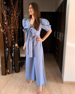 Load image into Gallery viewer, ICE BLUE FRONT TIE UP AND PUFFED SHORT SLEEVED JUMPSUIT
