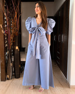 Load image into Gallery viewer, ICE BLUE FRONT TIE UP AND PUFFED SHORT SLEEVED JUMPSUIT
