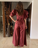 Load image into Gallery viewer, MAROON FRONT TIE UP AND PUFFED SHORT SLEEVED JUMPSUIT
