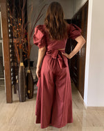 Load image into Gallery viewer, MAROON PUFFED SLEEVES TOP WITH TIE UP DETAIL PAIRED WITH FLARED PANTS
