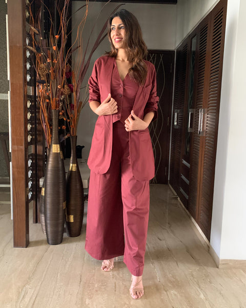 MAROON BOTTOM PANTS WITH HALTER VEST COAT AND LONG BLAZER