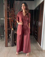 Load image into Gallery viewer, MAROON BOTTOM PANTS WITH HALTER VEST COAT AND LONG BLAZER
