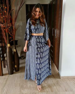 INDIGO PRINTED TWO TONE FLARE TOP PAIRED WITH LONG SKIRT WITH SLIT