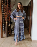 Load image into Gallery viewer, INDIGO PRINTED TWO TONE FLARE TOP PAIRED WITH LONG SKIRT WITH SLIT
