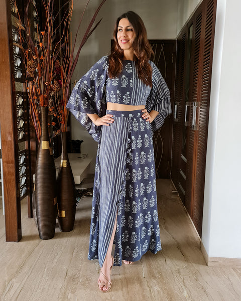 INDIGO PRINTED TWO TONE FLARE TOP PAIRED WITH LONG SKIRT WITH SLIT