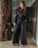 Load image into Gallery viewer, BLACK FRONT GOLDEN ZIP OPENING HIGH BAND COLLAR JUMPSUIT WITH PUFF SLEEVE &amp; BELT
