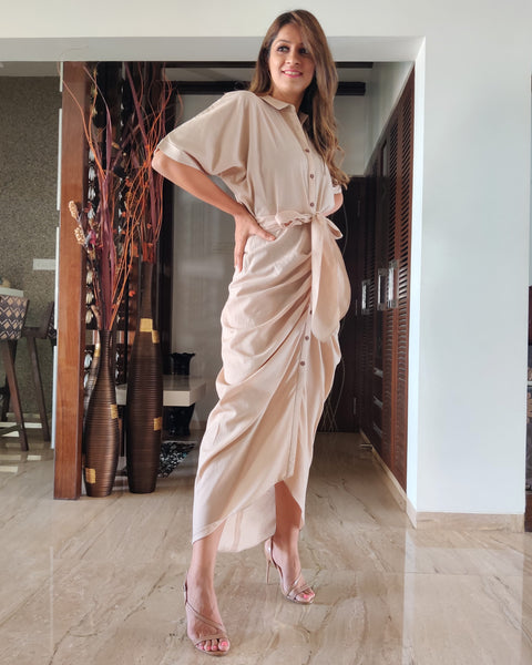 BEIGE LONG SHIRT DRAPE DRESS