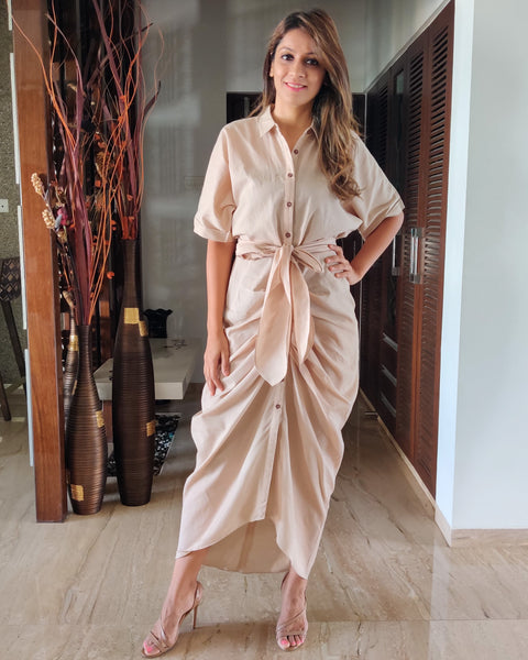 BEIGE LONG SHIRT DRAPE DRESS