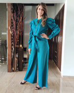 Load image into Gallery viewer, TEAL BLUE FRONT GOLDEN ZIP OPENING HIGH BAND COLLAR JUMPSUIT WITH PUFF SLEEVE &amp; BELT
