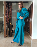 Load image into Gallery viewer, TEAL BLUE FRONT GOLDEN ZIP OPENING HIGH BAND COLLAR JUMPSUIT WITH PUFF SLEEVE &amp; BELT
