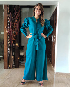 TEAL BLUE FRONT GOLDEN ZIP OPENING HIGH BAND COLLAR JUMPSUIT WITH PUFF SLEEVE & BELT