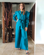 Load image into Gallery viewer, TEAL BLUE FRONT GOLDEN ZIP OPENING HIGH BAND COLLAR JUMPSUIT WITH PUFF SLEEVE &amp; BELT
