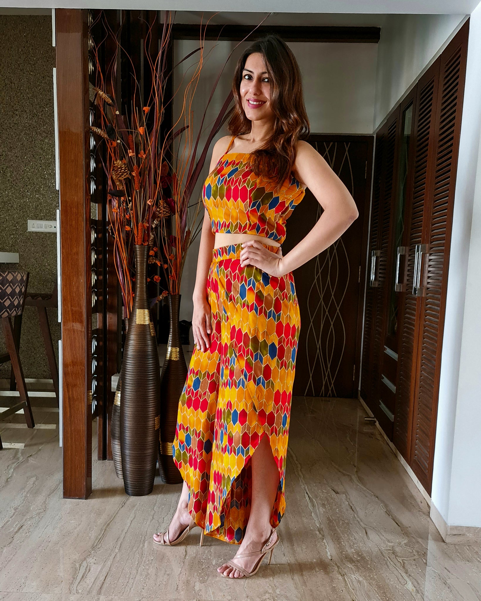 GEOMETRIC PRINT LONG JACKET WITH NOODLE STRAP BUSTIER AND DHOTI PANTS