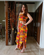 Load image into Gallery viewer, GEOMETRIC PRINT LONG JACKET WITH NOODLE STRAP BUSTIER AND DHOTI PANTS
