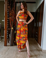 Load image into Gallery viewer, GEOMETRIC PRINT LONG JACKET WITH NOODLE STRAP BUSTIER AND DHOTI PANTS
