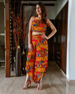 Load image into Gallery viewer, GEOMETRIC PRINT LONG JACKET WITH NOODLE STRAP BUSTIER AND DHOTI PANTS
