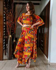 GEOMETRIC PRINT LONG JACKET WITH NOODLE STRAP BUSTIER AND DHOTI PANTS