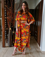 Load image into Gallery viewer, GEOMETRIC PRINT LONG JACKET WITH NOODLE STRAP BUSTIER AND DHOTI PANTS
