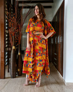 Load image into Gallery viewer, GEOMETRIC PRINT LONG JACKET WITH NOODLE STRAP BUSTIER AND DHOTI PANTS
